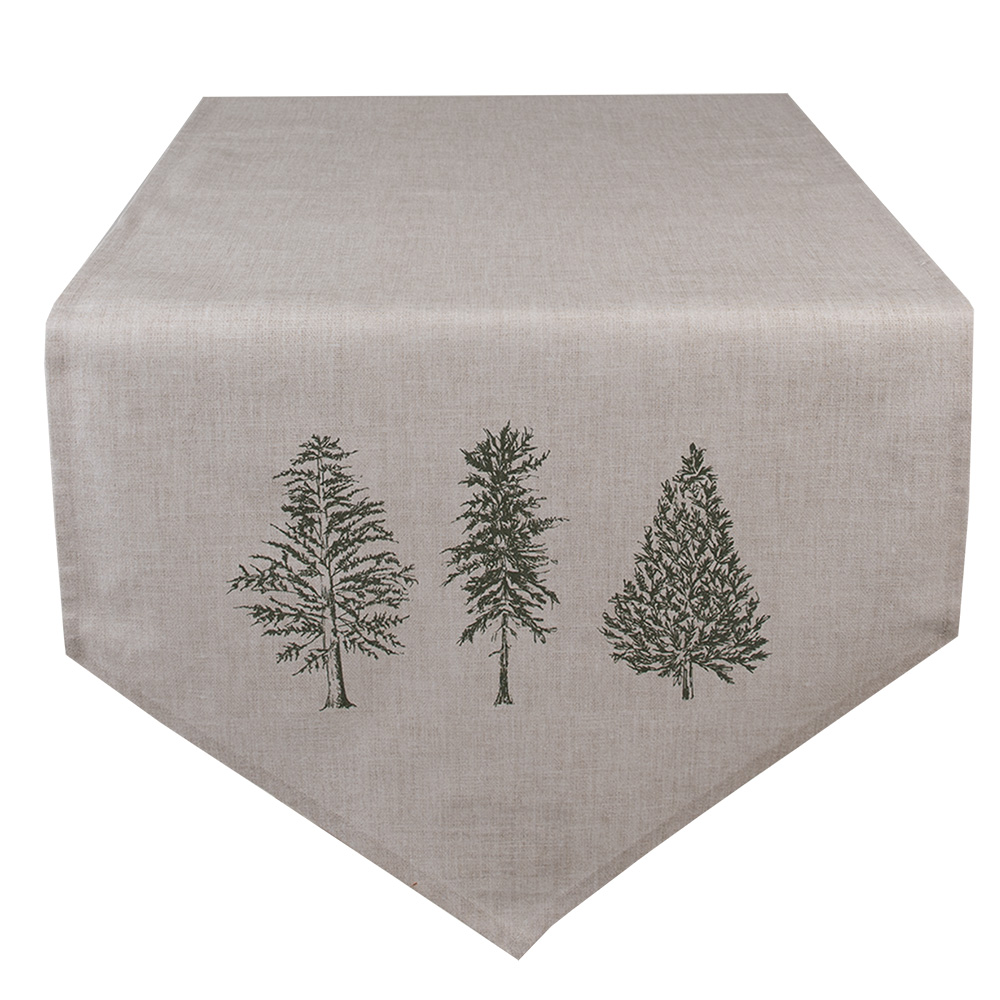 Clayre&Eef Tafelloper 50x160 cm Beige Groen Katoen Dennenbomen afbeelding