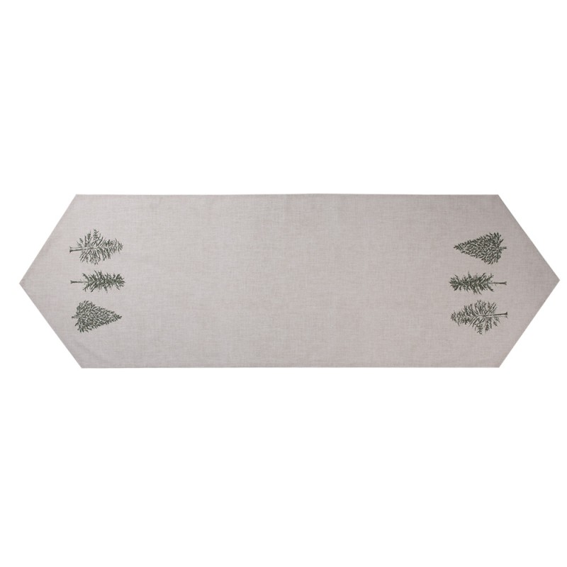 Clayre & Eef Table Runner 50x160 cm Beige Green Cotton Rectangle Pine Trees