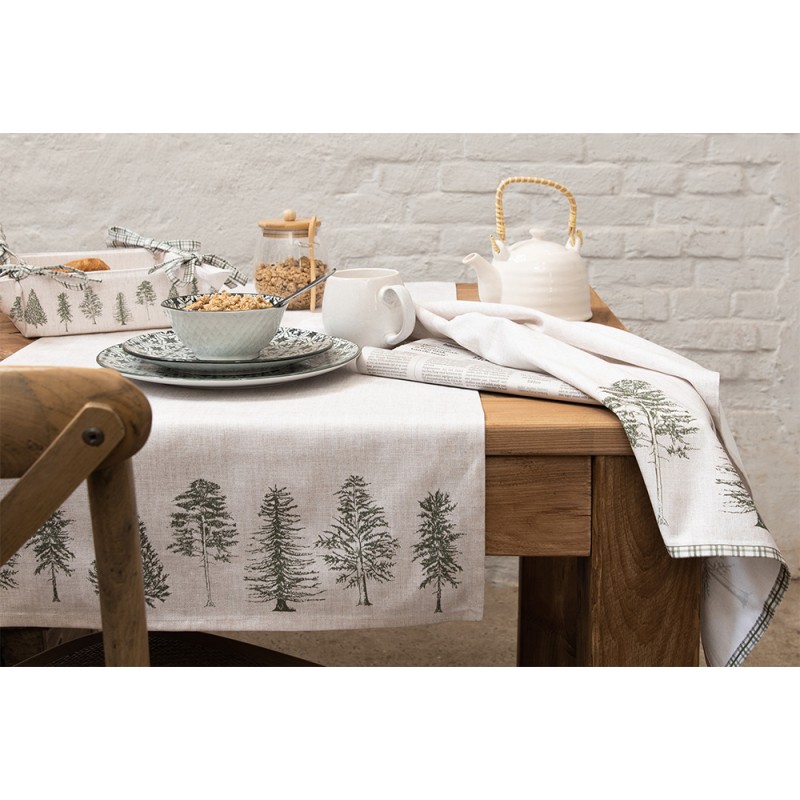 Clayre & Eef Table Runner 50x160 cm Beige Green Cotton Rectangle Pine Trees
