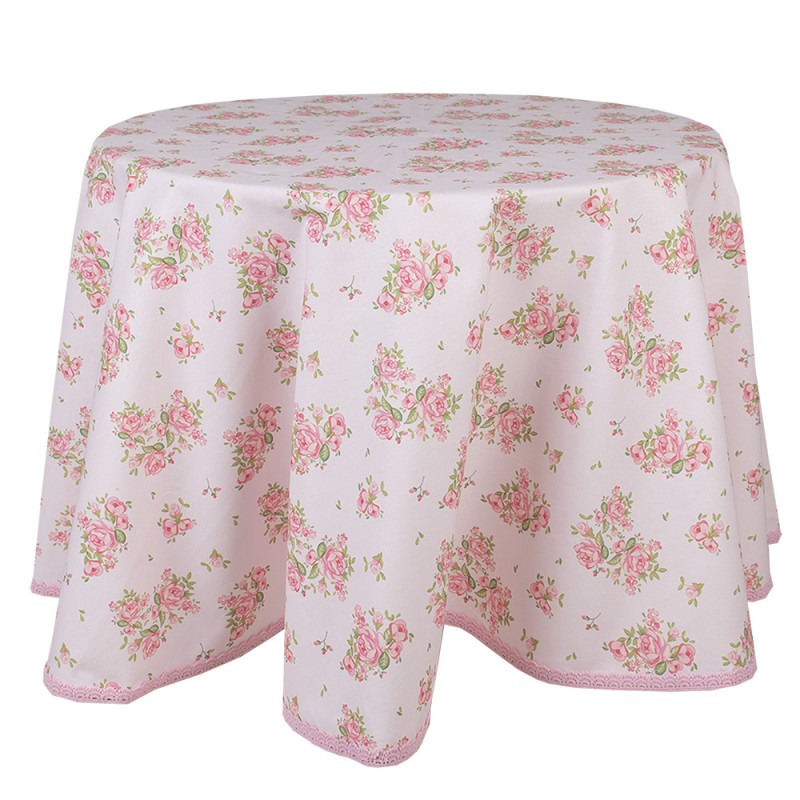 Clayre & Eef Tablecloth Ø 170 cm Pink Cotton Round Roses