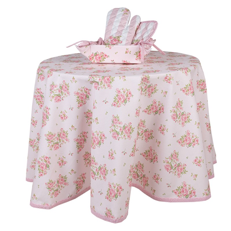Clayre & Eef Tablecloth Ø 170 cm Pink Cotton Round Roses