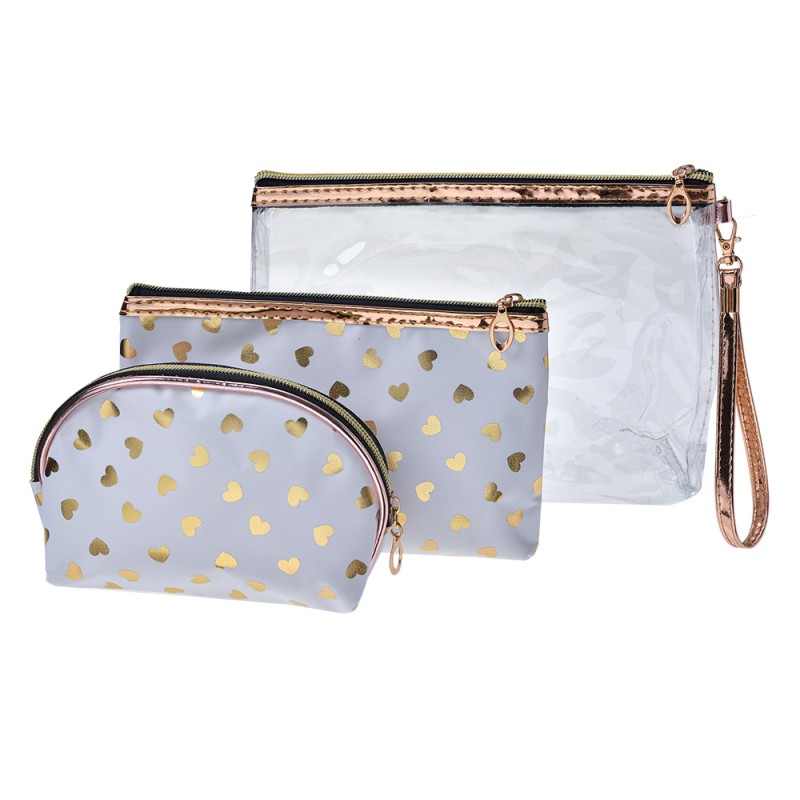 Juleeze Trousse de toilette pour femmes set de 3 23x17 / 20x13 / 18x12 cm Blanc Couleur or Synthétique Coeurs