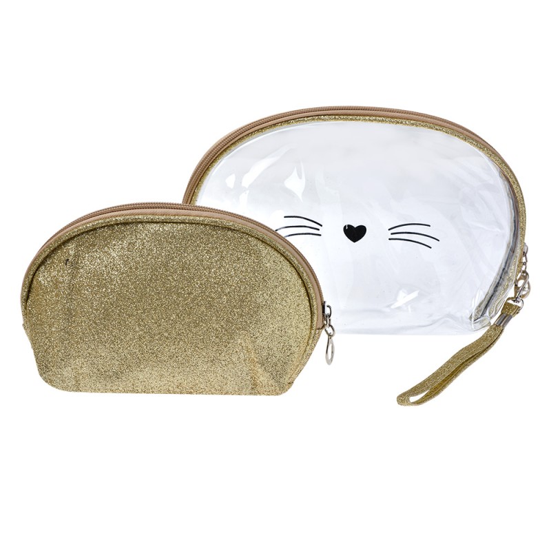 Juleeze Damenkulturtasche 2er set 24x15 / 19x12 cm Goldfarbig Synthetisch Oval Katze