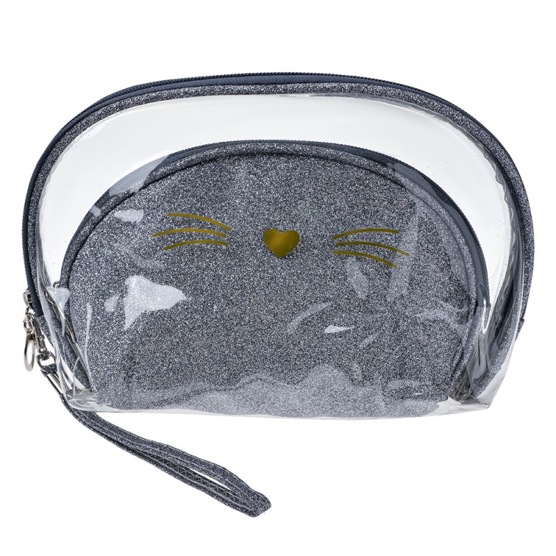 Juleeze Damenkulturtasche 2er set 24x15 / 19x12 cm Silberfarbig Synthetisch Oval Katze