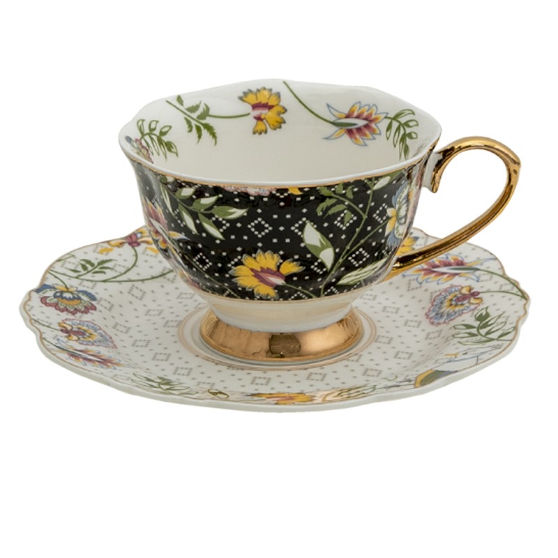Clayre & Eef Cup and Saucer 200 ml White Black Porcelain Round Flowers
