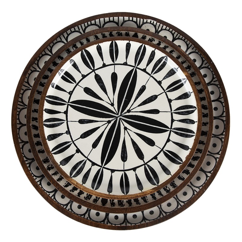 Clayre & Eef Serving Platter Set of 3 Ø 28 Ø 23 Ø 20 cm Black White Wood Round