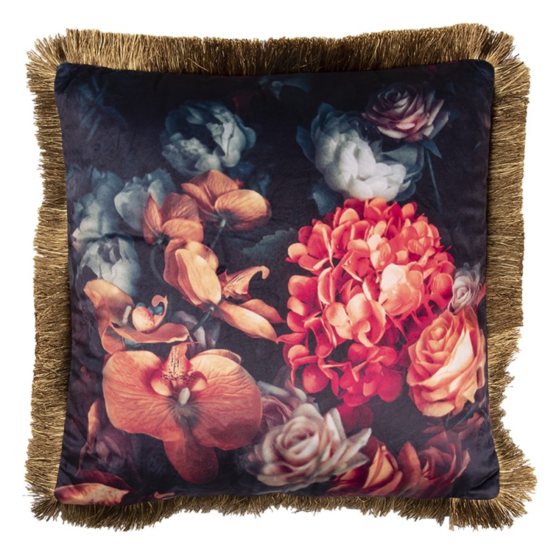 Clayre & Eef Decorative Cushion 45x45 cm Black Red Synthetic Square Flowers