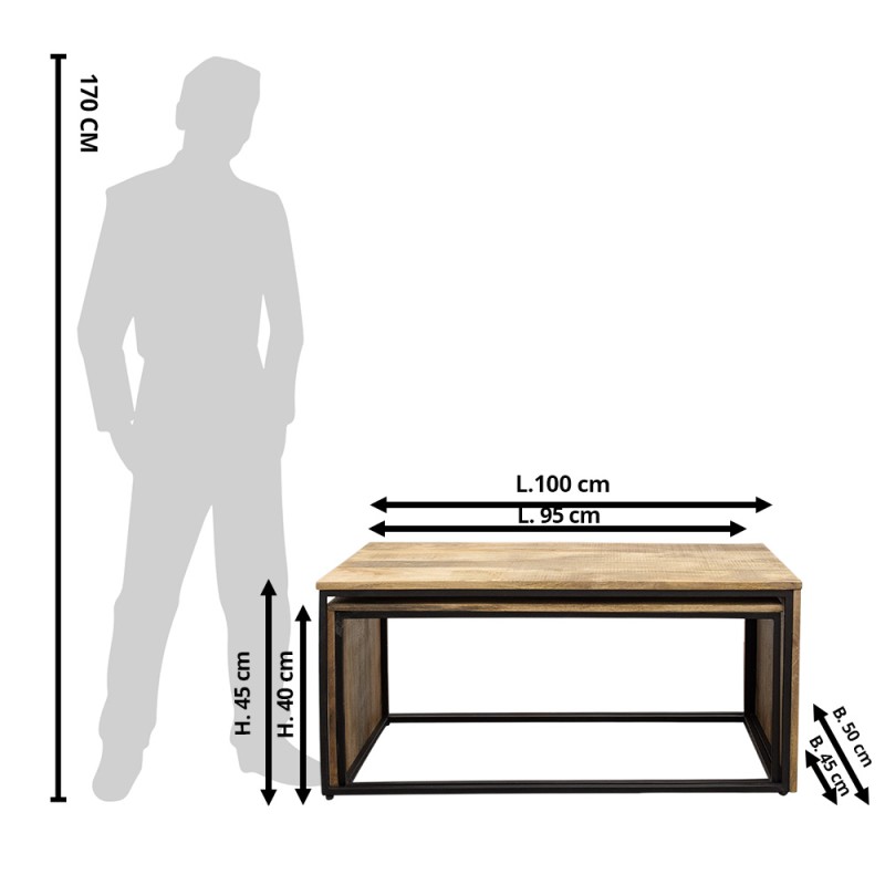 Clayre & Eef Salontafel Set van 2  100 cm / 95 cm Bruin Hout Rechthoek