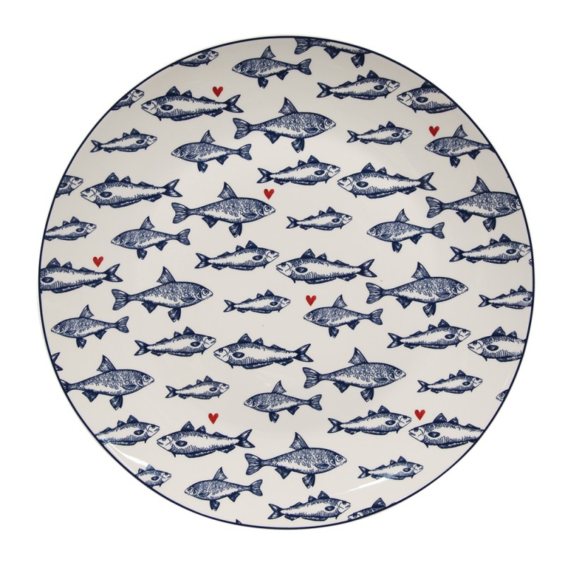 Clayre & Eef Assiette de dîner Ø 26 cm Blanc Bleu Porcelaine Poissons