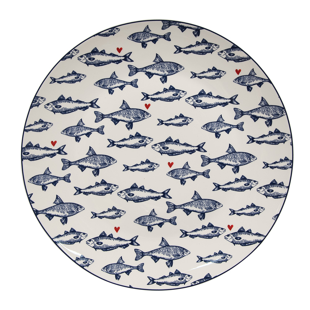 Clayre&Eef DinerbordØ 26 cm Wit Blauw Porselein Vissen afbeelding