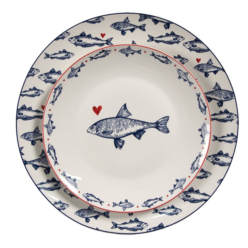 Clayre & Eef Dinner Plate Ø 26 cm White Blue Porcelain Fishes