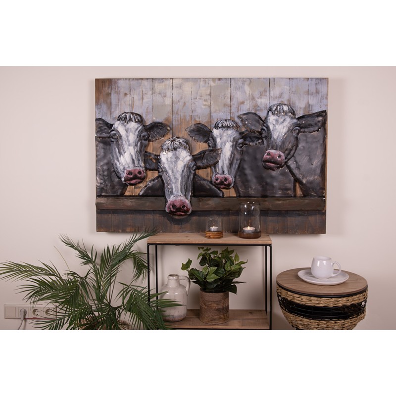 Clayre & Eef Painting 120x7x80 cm Black White Iron Wood Rectangle Cows