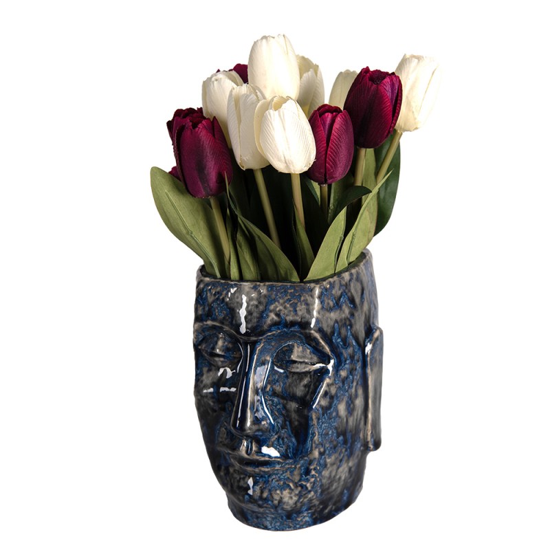 Clayre & Eef Blumentopf Gesicht 13x15x17 cm Blau Keramik
