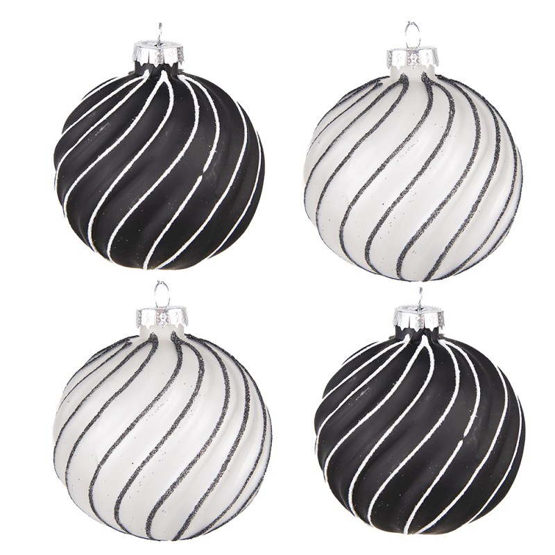 Clayre & Eef Christmas Bauble Set of 4 Ø 8 cm Black Grey Glass