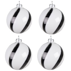 Clayre & Eef Christmas Bauble Set of 4 Ø 8 cm White Black Glass Stripes