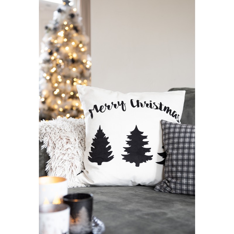 Clayre & Eef Kissenbezug 45x45 cm Weiß Schwarz Polyester Quadrat Weihnachtsbaum Merry Christmas