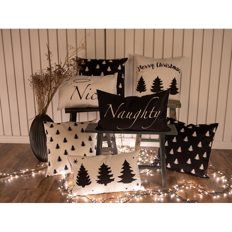 Clayre & Eef Cushion Cover 30x50 cm White Black Polyester Rectangle This house believes in Santa