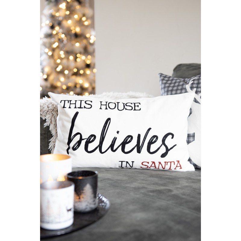 Clayre & Eef Cushion Cover 30x50 cm White Black Polyester Rectangle This house believes in Santa