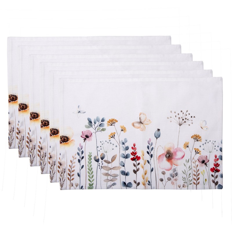 Clayre & Eef Placemats Set van 6  48x33 cm Wit Groen Katoen Rechthoek Bloemen