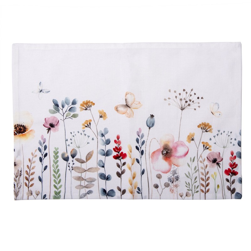 Clayre & Eef Placemats Set of 6 48x33 cm White Green Cotton Rectangle Flowers