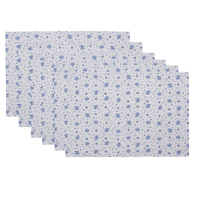 Clayre & Eef Tischsets 6er Set 48x33 cm Weiß Blau Baumwolle Rechteck Rosen
