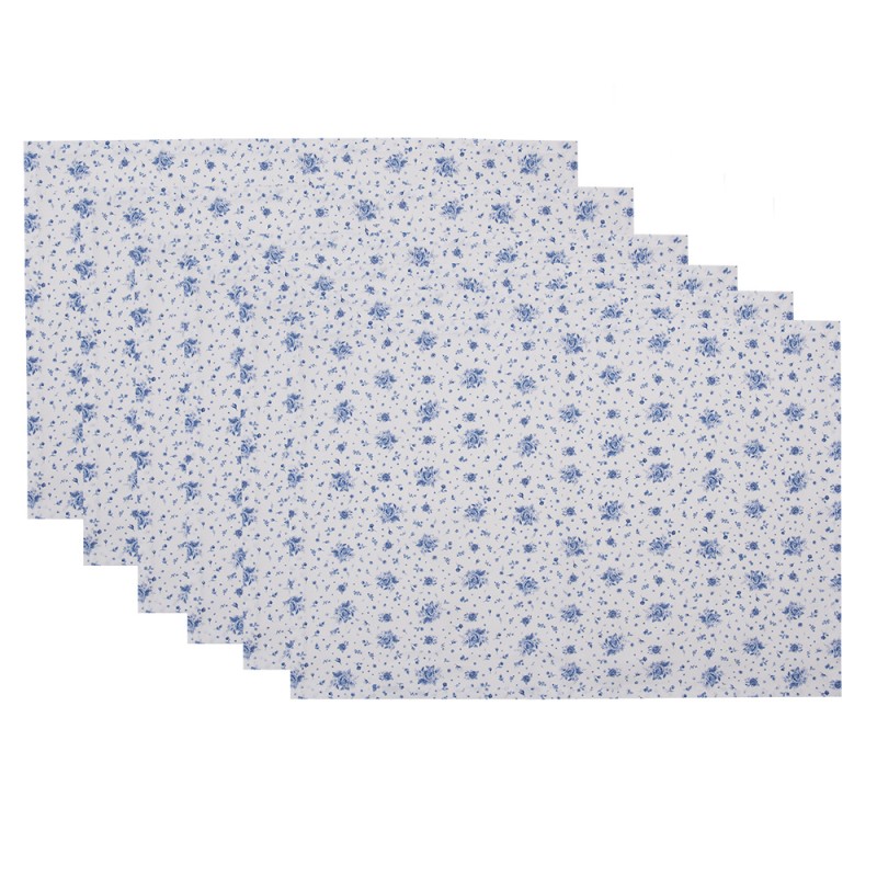 Clayre & Eef Placemats Set van 6  48x33 cm Wit Blauw Katoen Rechthoek Roosjes