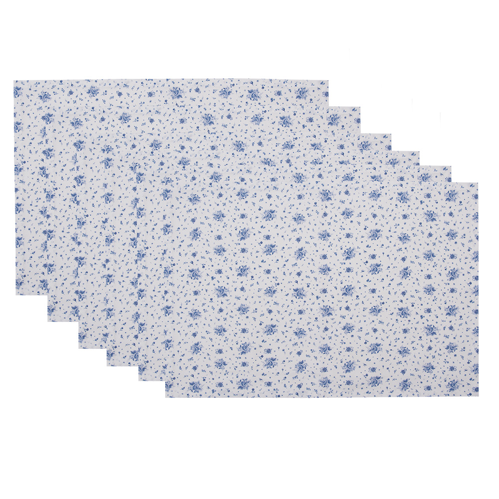 Clayre&Eef Placemats Set van 6 48x33 cm Wit Blauw Katoen Roosjes afbeelding