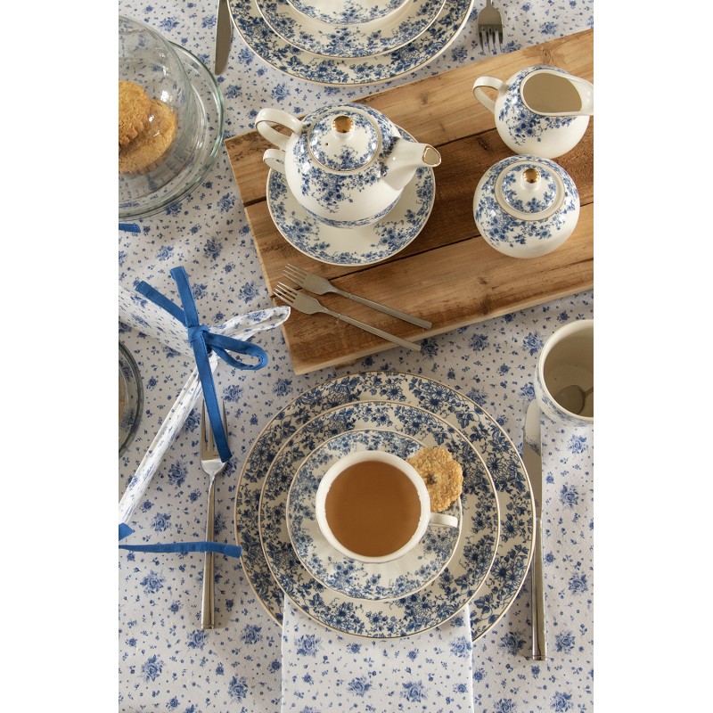 Clayre & Eef Placemats Set van 6  48x33 cm Wit Blauw Katoen Rechthoek Roosjes