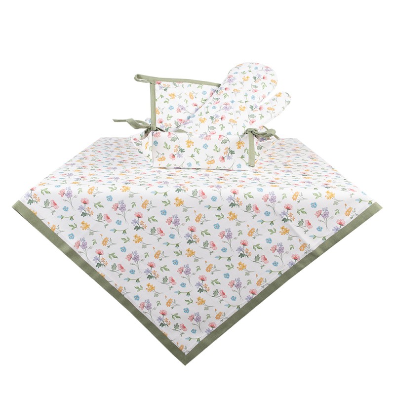 Clayre & Eef Nappe 100x100 cm Blanc Vert Coton Carré Fleurs