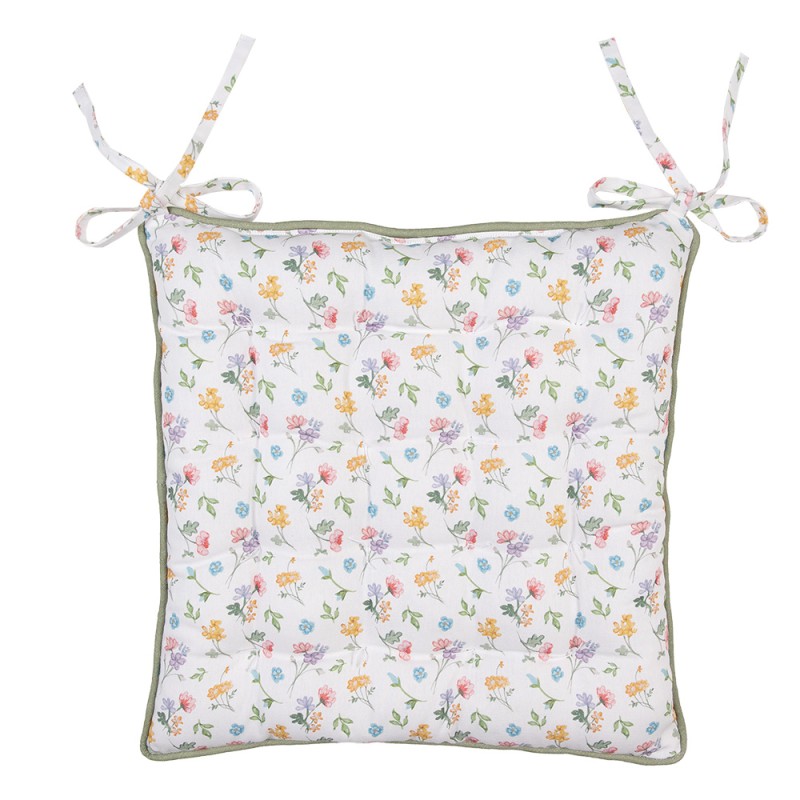 Clayre & Eef Chair Cushion Foam 40x40x4 cm White Green Cotton Square Flowers