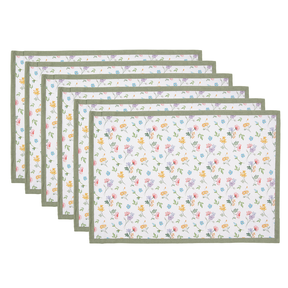 Clayre&Eef Placemats Set van 6 48x33 cm Wit Groen Katoen Bloemen afbeelding