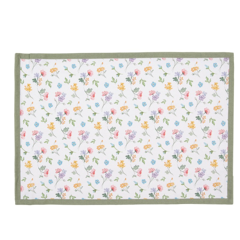 Clayre & Eef Placemats Set of 6 48x33 cm White Green Cotton Flowers