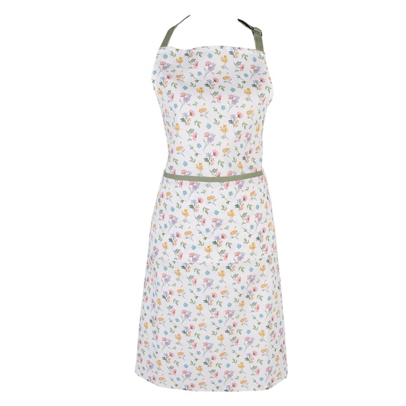 Clayre & Eef Kitchen Apron 70x85 cm White Green Cotton Flowers