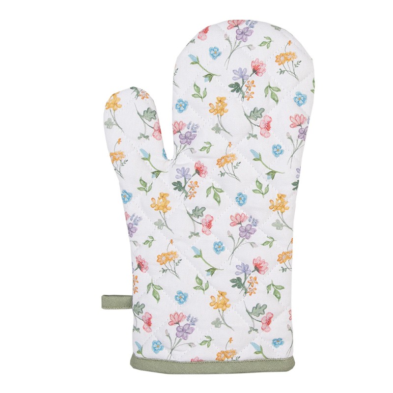 Clayre & Eef Oven Mitt 18x30 cm White Green Cotton Flowers