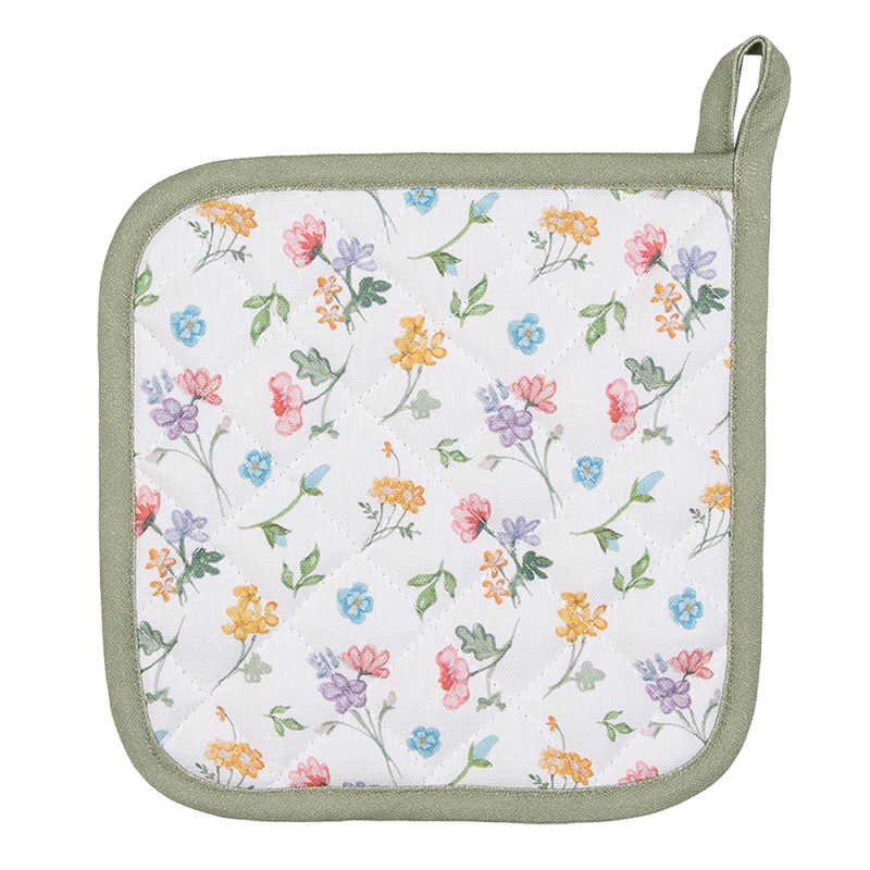 Clayre & Eef Pannenlap  20x20 cm Wit Groen Katoen Vierkant Bloemen