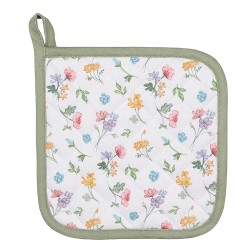 Clayre & Eef Pannenlap 20x20 cm Wit Groen Katoen Bloemen
