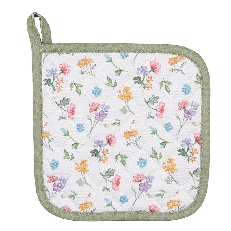 Clayre & Eef Pot Holder 20x20 cm White Green Cotton Square Flowers