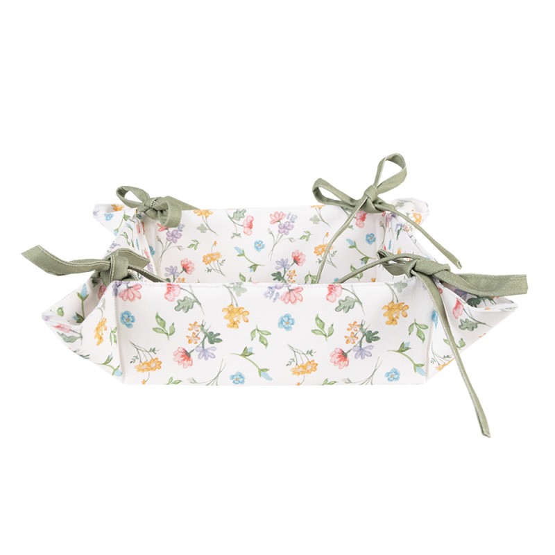 Clayre & Eef Bread Basket 35x35x8 cm White Green Cotton Square Flowers