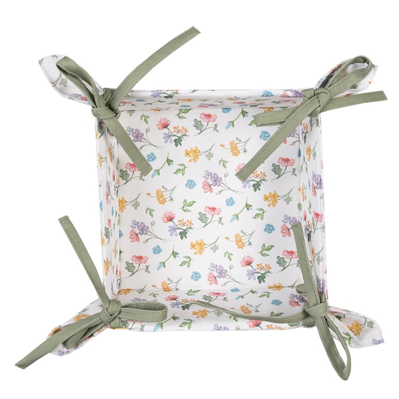 Clayre & Eef Bread Basket 35x35x8 cm White Green Cotton Square Flowers