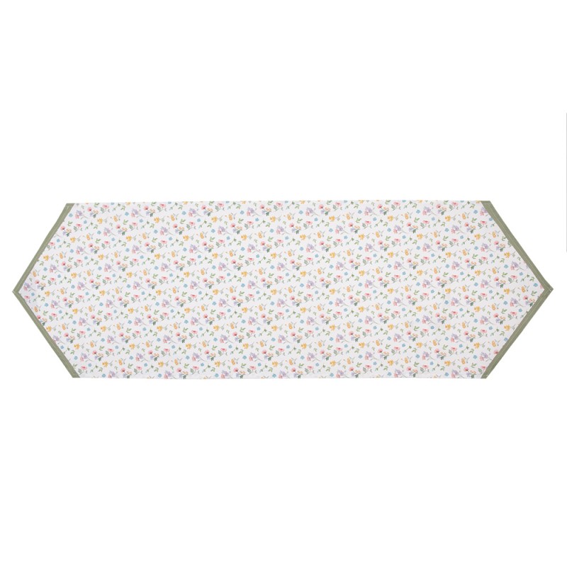 Clayre & Eef Table Runner 50x160 cm White Green Cotton Flowers