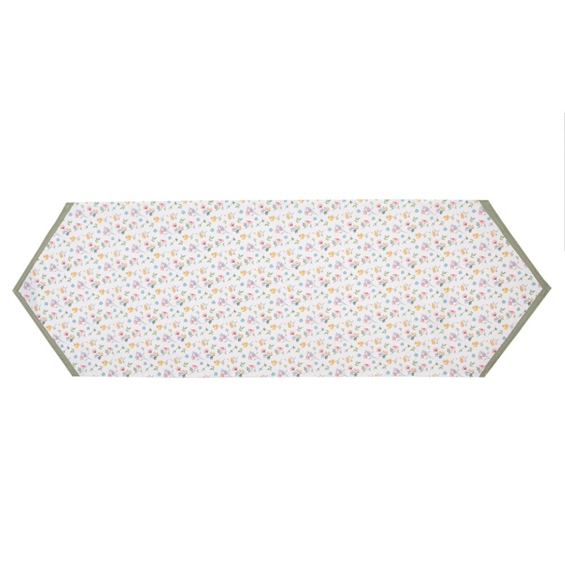 Clayre & Eef Tafelloper  50x160 cm Wit Groen Katoen Bloemen