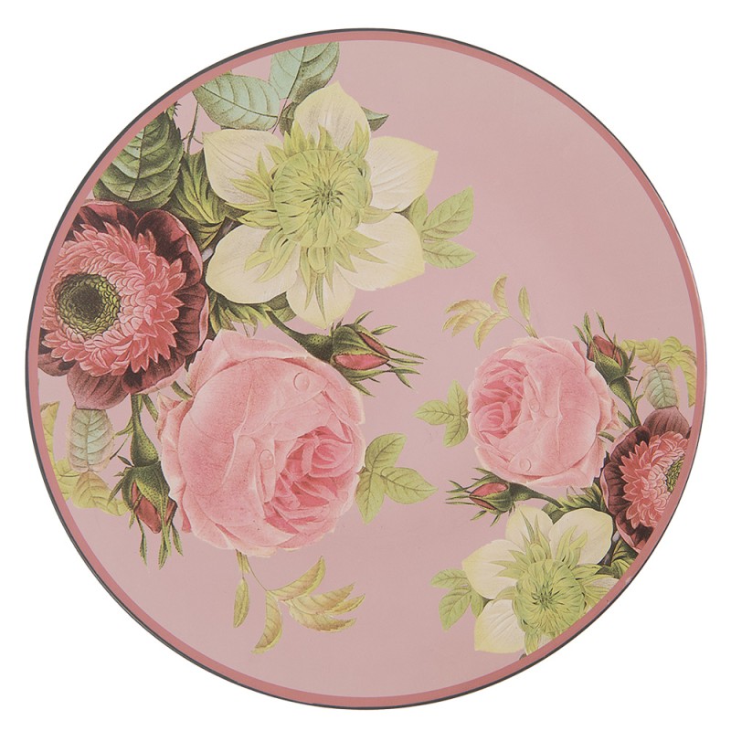 Clayre & Eef Charger Plate Ø 33 cm Pink Green Plastic Flowers