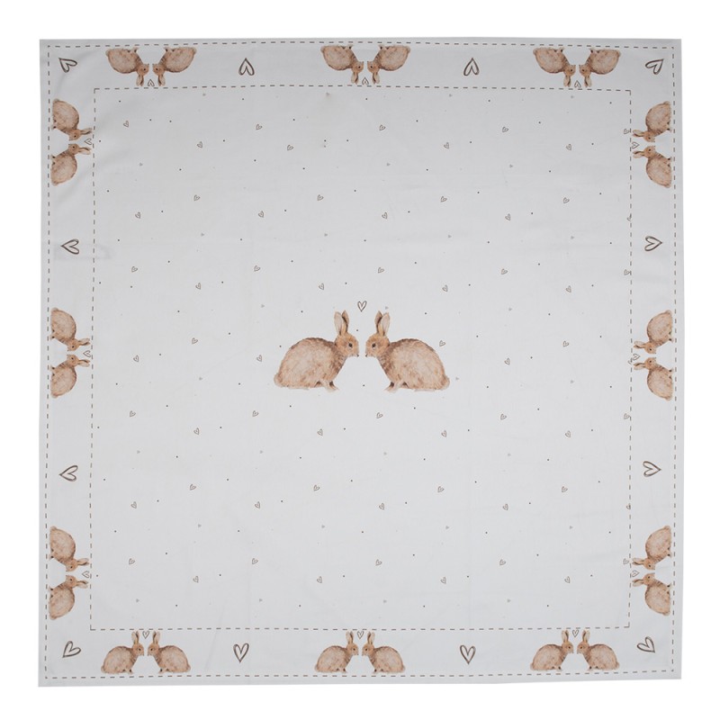 Clayre & Eef Tischdecke 100x100 cm Weiß Braun Baumwolle Quadrat Kaninchen