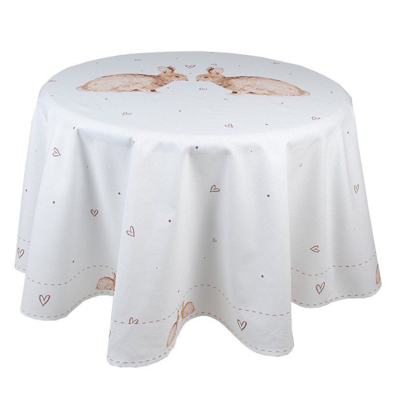 Clayre & Eef Tablecloth Ø 170 cm White Brown Cotton Round Rabbit