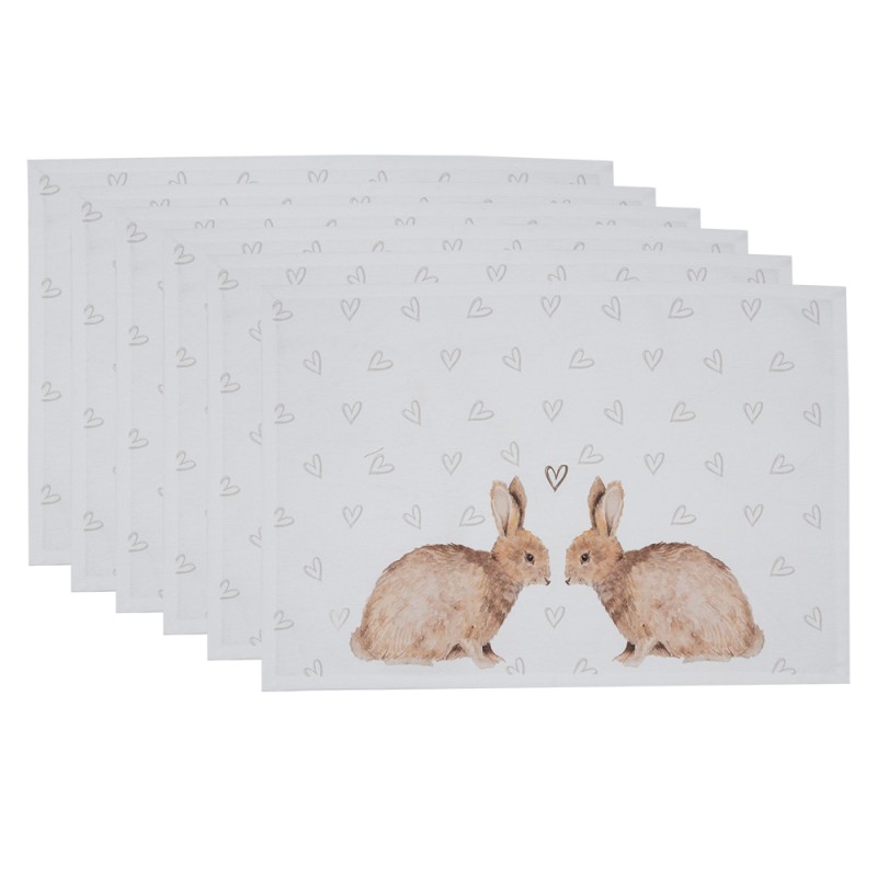 Clayre & Eef Placemats Set of 6 48x33 cm White Brown Cotton Rabbit