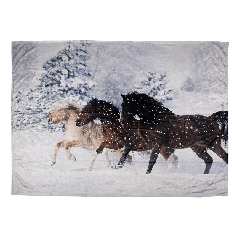 Clayre & Eef Plaid  130x170 cm Bruin Blauw Polyester Rechthoek Paarden
