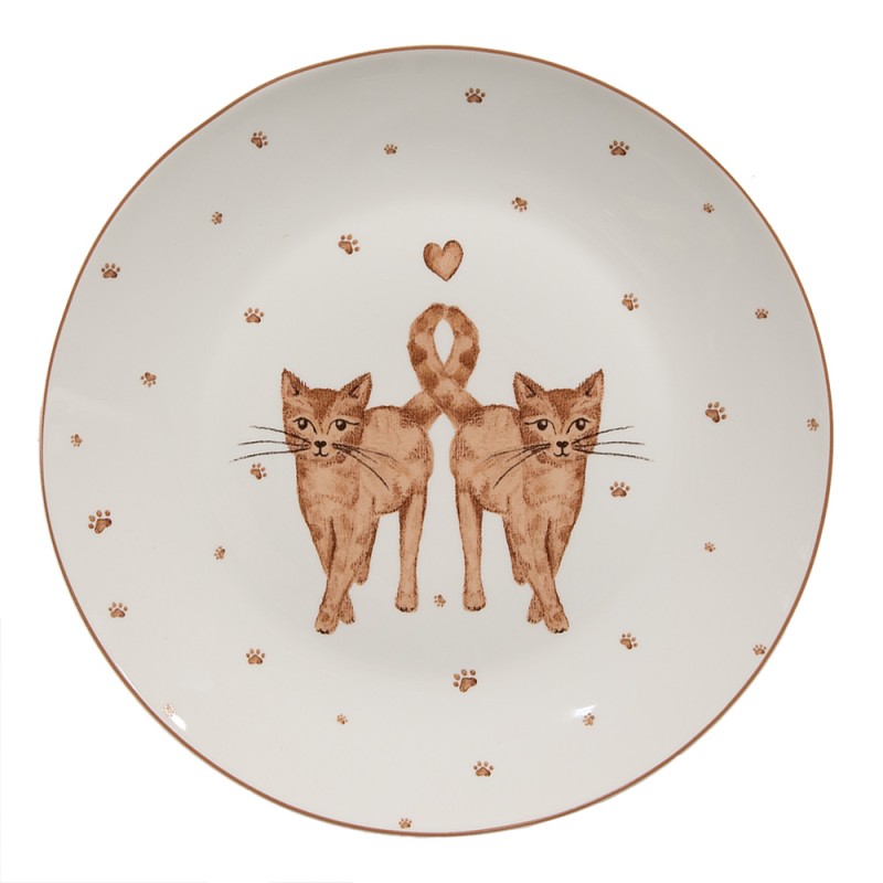 Clayre & Eef Breakfast Plate Ø 20 cm White Brown Porcelain Cats