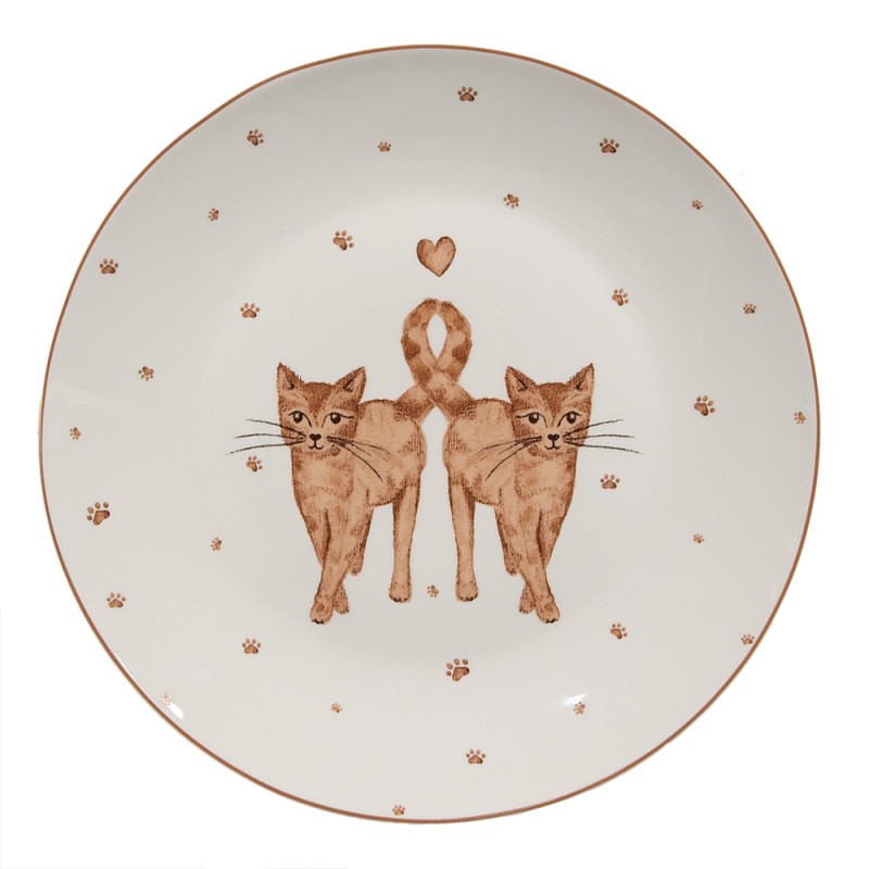 Clayre & Eef Breakfast Plate Ø 20 cm White Brown Porcelain Cats