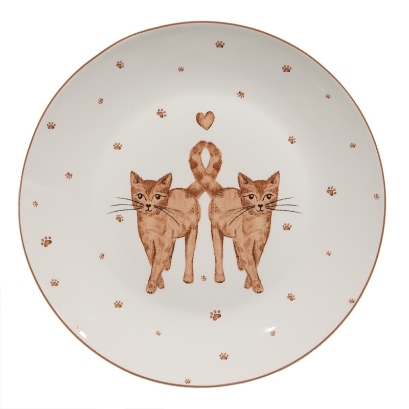 Clayre & Eef Assiette de petit déjeuner Ø 20 cm Blanc Marron Porcelaine Chats