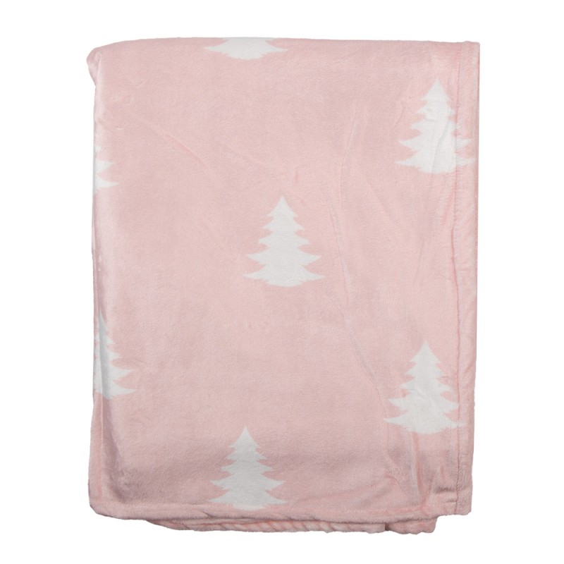 Clayre & Eef Plaid  130x170 cm Roze Wit Polyester Kerstbomen